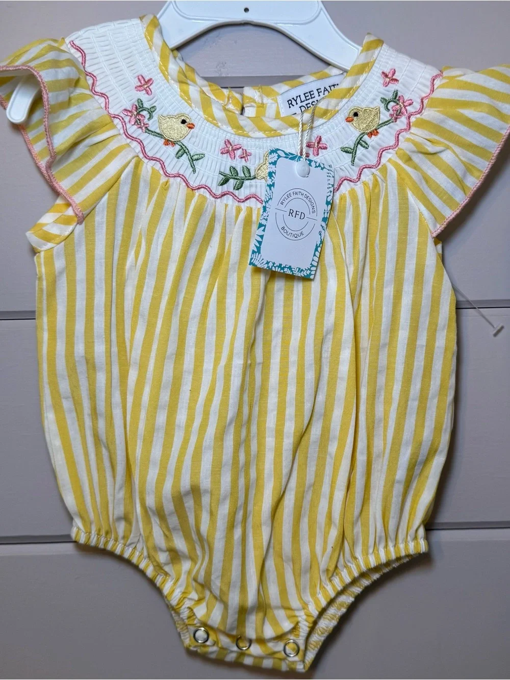 Rylee Faith Designs Yellow Striped Baby One-Piece with Smocked Chick Embroidery